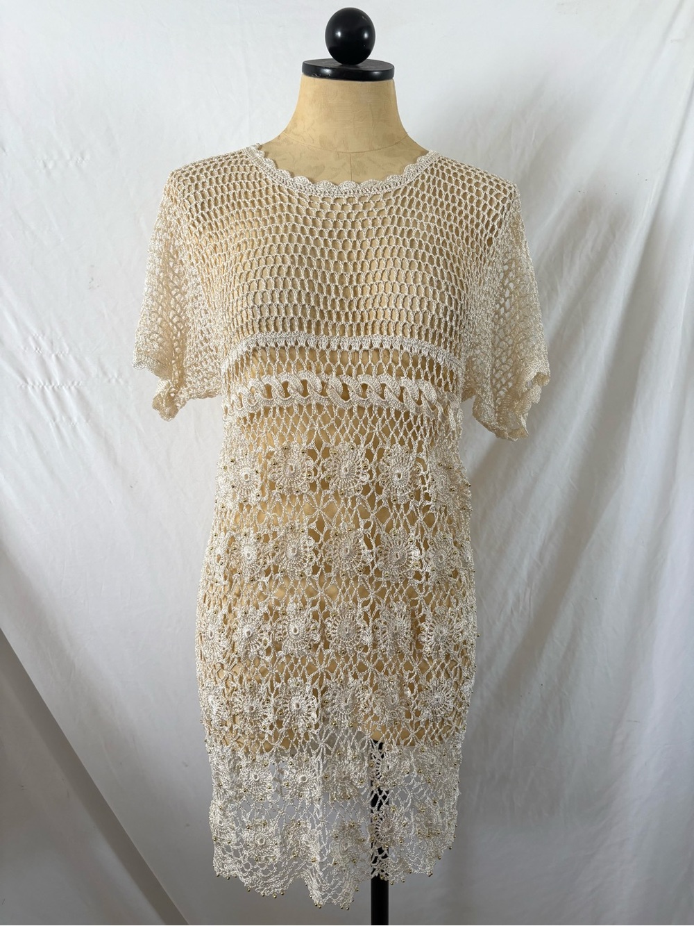 Vintage 60s cream crochet knit macrame dress gold beading